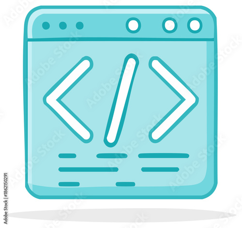 Stylized web browser window showing code markup in light teal for front end design concept