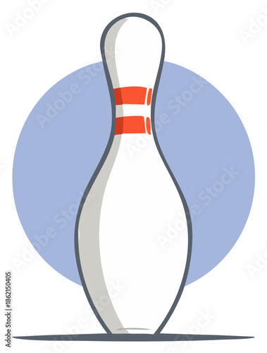 Vector illustration of a single bowling pin with red stripes in a simple cartoon style