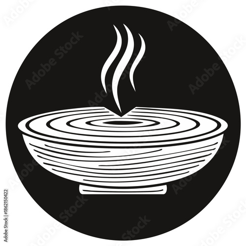 Stylized Bowl with Steam in Black Circle Frame, Representing Hot Food, Noodles, Soup or Asian Cuisine