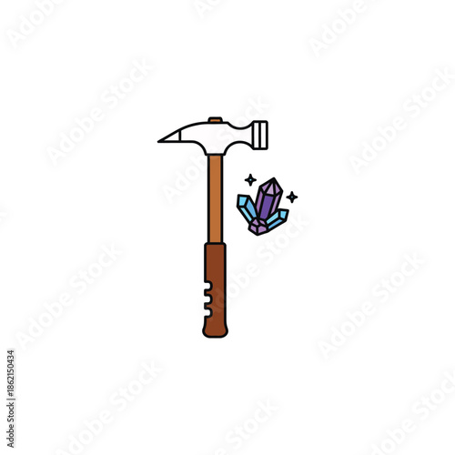 Geology Rock Hammer And Crystal Gemstone Vector Icon Illustration