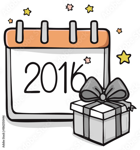 Cartoon calendar with the year 2016 and gift box, star decorations.