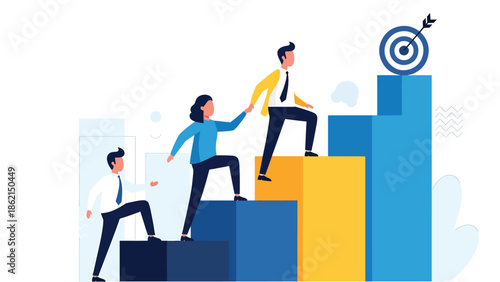 Modern vector illustration of upward business growth chart with friendly rounded bars and arrows in clean office setting, success, profit, and corporate growth concept