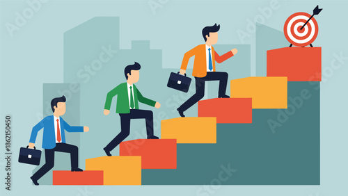 Modern vector illustration of upward business growth chart with friendly rounded bars and arrows in clean office setting, success, profit, and corporate growth concept