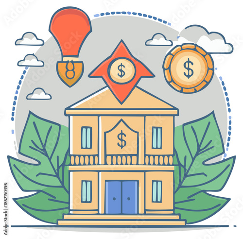 Financial institution with currency symbols hot air balloon and coin illustration