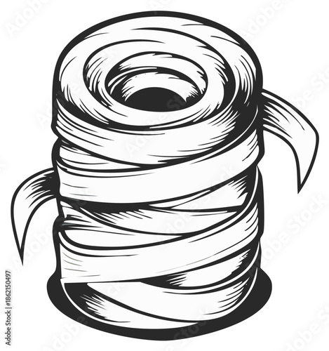 Spool of ribbon in a retro engraving style creating a pattern for crafting and decorating