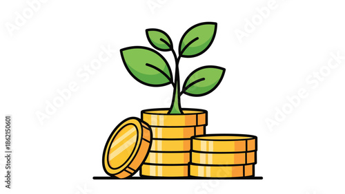 Modern vector illustration of plant growing from coin stack with friendly shapes, sustainable business growth, profit, and long-term financial success concept