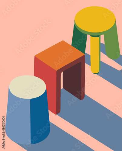 Minimal colorful stools and table, modern flat illustration

