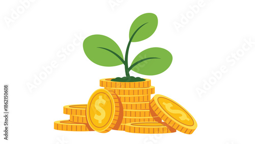 Modern vector illustration of plant growing from coin stack with friendly shapes, sustainable business growth, profit, and long-term financial success concept