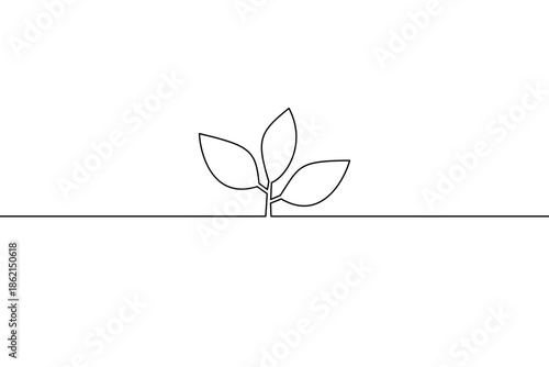 Minimal line art illustration of a young plant sprout growing from the soil, symbolizing growth, nature, sustainability, eco concept, and new beginnings.