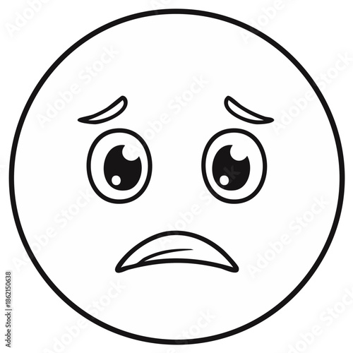 Simple black and white outline drawing of a worried emoji face expressing disappointment
