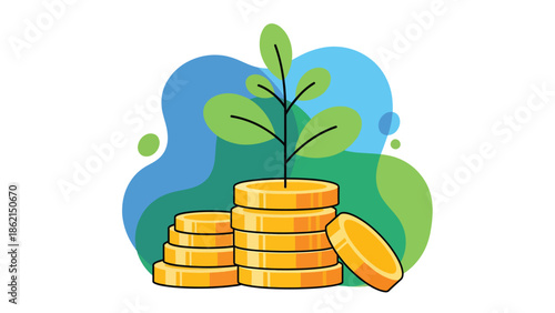 Modern vector illustration of plant growing from coin stack with friendly shapes, sustainable business growth, profit, and long-term financial success concept