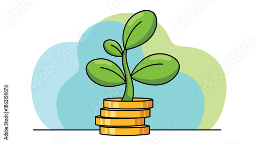 Modern vector illustration of plant growing from coin stack with friendly shapes, sustainable business growth, profit, and long-term financial success concept