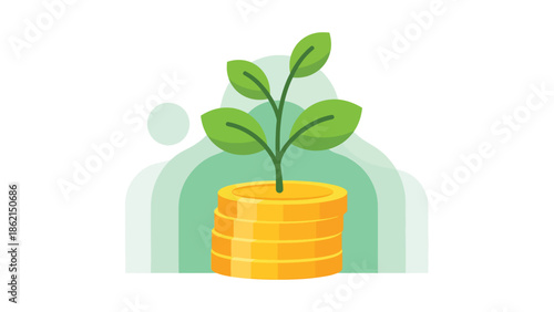 Modern vector illustration of plant growing from coin stack with friendly shapes, sustainable business growth, profit, and long-term financial success concept