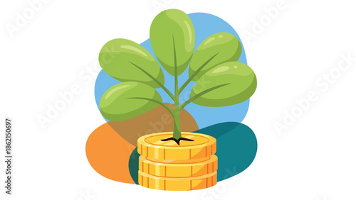 Modern vector illustration of plant growing from coin stack with friendly shapes, sustainable business growth, profit, and long-term financial success concept