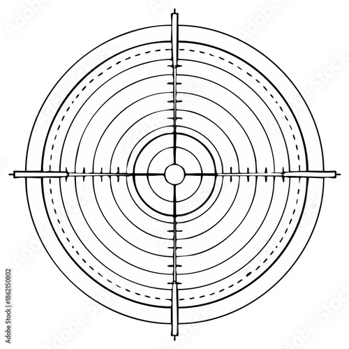 Outline style target with concentric circles, crosshairs, central bullseye, and dashed line on white, isolated.