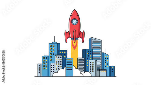 Modern vector illustration of friendly rocket launching above city skyline, startup growth, innovation, and rapid business expansion concept for modern companies