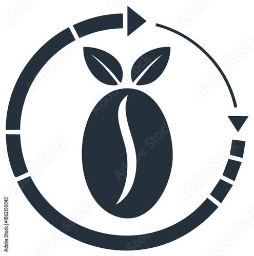 Coffee bean with leaves in a circular arrow icon for processing and production cycle