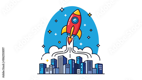 Modern vector illustration of friendly rocket launching above city skyline, startup growth, innovation, and rapid business expansion concept for modern companies
