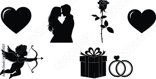 Valentine silhouettes, love icons, romantic couple, cupid, rose, heart arrows, gift box, wedding rings, love letter, black vector art