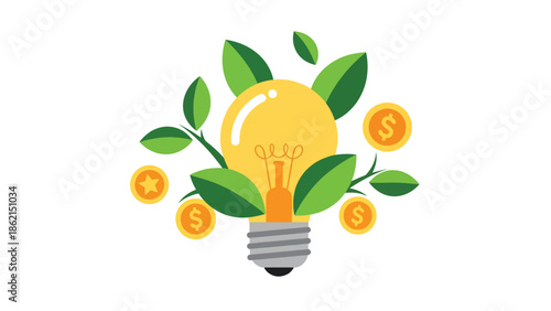 Modern vector illustration of light bulb growing leaves and coins, innovation-driven business growth, creative ideas, and financial success concept