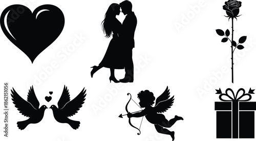 Valentine silhouettes, love icons, romantic couple, cupid, rose, doves, heart symbol, gift box, black vector art, affection symbols