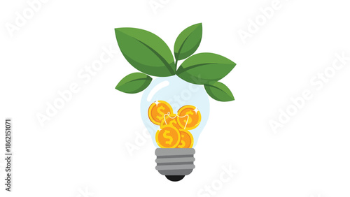 Modern vector illustration of light bulb growing leaves and coins, innovation-driven business growth, creative ideas, and financial success concept