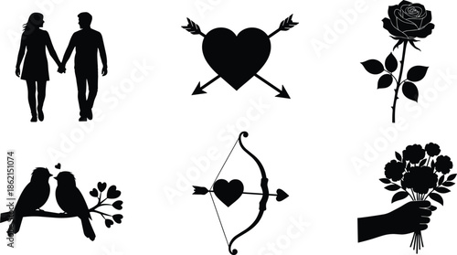 Valentine silhouettes, love icons, romantic couple, cupid, rose, birds, heart arrows, bouquet, gift box, black vector illustration