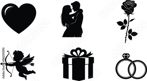 Valentine silhouettes, love icons, romantic couple, cupid, rose, birds, heart arrows, gift box, wedding rings, black vector illustration
