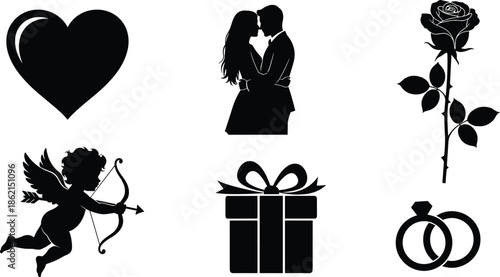 Valentine silhouettes, love icons, romantic couple, cupid, rose, heart symbol, gift box, wedding rings, black vector art, affection symbols