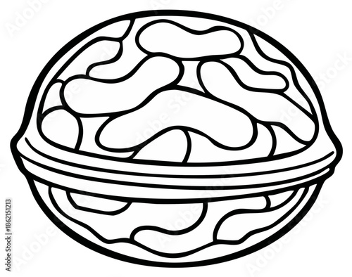 Black and White Outline of a Walnut with Kernels Inside