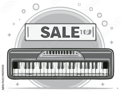 Monochrome electronic piano keyboard with a prominent sale banner offering musical instrument discounts