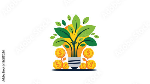 Modern vector illustration of light bulb growing leaves and coins, innovation-driven business growth, creative ideas, and financial success concept