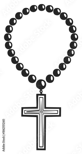 Black Rosary Beads and Cross Silhouette Icon Religious Symbol of Faith and Prayer
