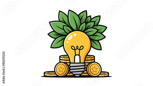 Modern vector illustration of light bulb growing leaves and coins, innovation-driven business growth, creative ideas, and financial success concept