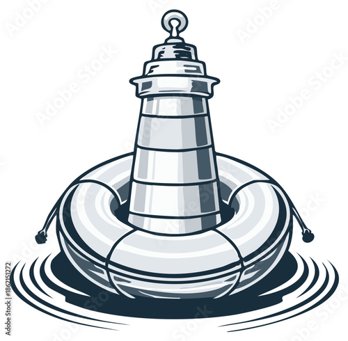 Cartoon illustration of a lighthouse floating in the sea, surrounded by a life preserver, with water ripples.