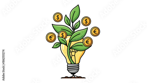 Modern vector illustration of light bulb growing leaves and coins, innovation-driven business growth, creative ideas, and financial success concept