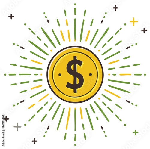 Golden Dollar Coin With Radiant Green and Yellow Burst Effect