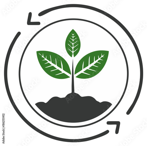 Ecology logo with green plant and cyclical arrows signifying environmental protection