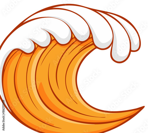 An energetic cartoon ocean wave crests with frothy white foam and warm orange hues symbolizing power and summer