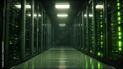 Futuristic data center aisle with rows of server racks and green LED lights depicting cloud computing infrastructure and big data storage.
