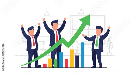 Modern vector illustration of diverse team celebrating around rising graph, company success, positive results, and business growth achievement concept