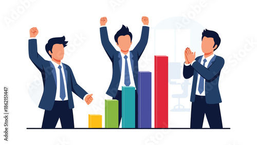 Modern vector illustration of diverse team celebrating around rising graph, company success, positive results, and business growth achievement concept