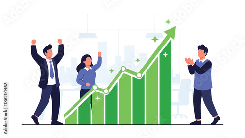 Modern vector illustration of diverse team celebrating around rising graph, company success, positive results, and business growth achievement concept