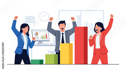 Modern vector illustration of diverse team celebrating around rising graph, company success, positive results, and business growth achievement concept