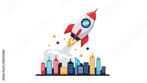 Modern vector illustration of friendly rocket launching above city skyline, startup growth, innovation, and rapid business expansion concept for modern companies