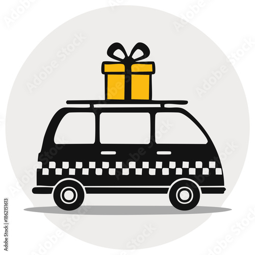Cartoon van with gift box on roof, delivery concept, flat design illustration