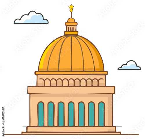 Cartoon Capitol Building with Golden Dome Illustration