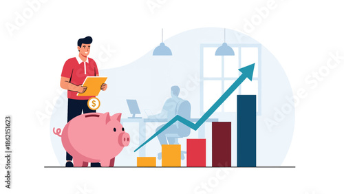 Modern vector illustration of piggy bank with rising rounded bars, financial planning, savings growth, and stable business profit concept