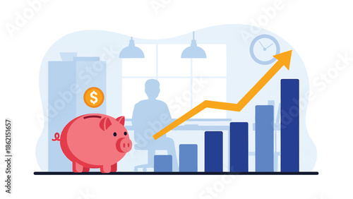 Modern vector illustration of piggy bank with rising rounded bars, financial planning, savings growth, and stable business profit concept