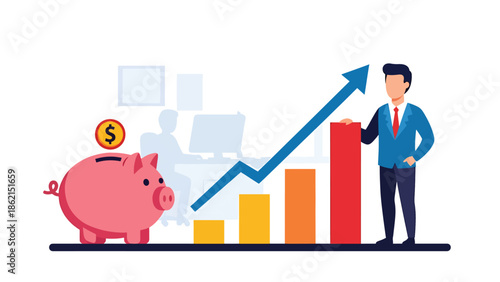 Modern vector illustration of piggy bank with rising rounded bars, financial planning, savings growth, and stable business profit concept